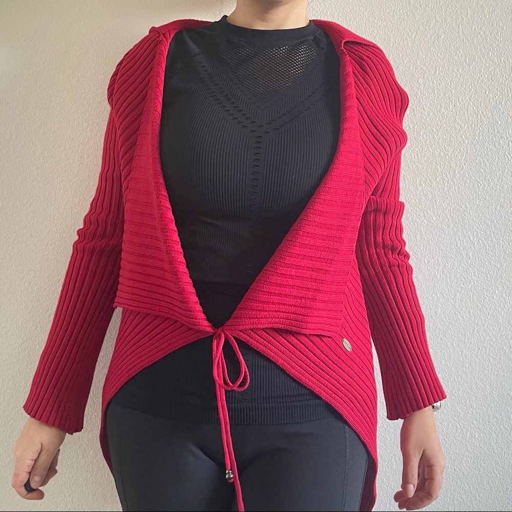 Red knit cardigan